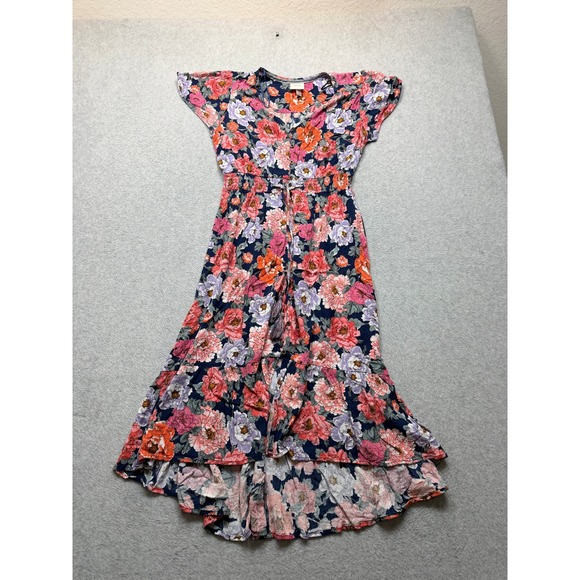Knox Rose Dresses & Skirts - Knox Rose Floral High Low Midi Dress Navy Pink Orange Smocked Waist Small